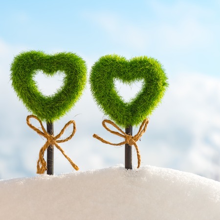 Two green grassy hearts grows out of a snowdrift against the backdrop of the cityscapeの写真素材