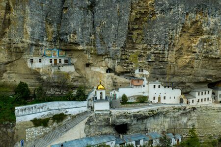 Bakhchisaray Cave Monastery, also known as Assumption Monastery of the Caves, Crimea. Aerial drone viewの写真素材