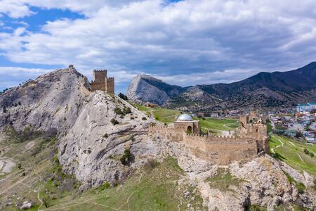Panoramic aerial view of Genoese fortress in Sudak, Crimea.の写真素材