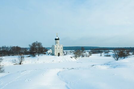 Winter drone shot of Church of the Intercession on the Nerl in Bogolubovoの写真素材