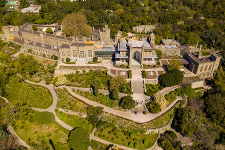 Vorontsov Palace or the Alupka Palace and park, Crimea. Aerial drone view
