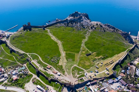 Genoese fortress in the Sudak bay on the Peninsula of Crimea. Aerial drone viewのeditorial素材