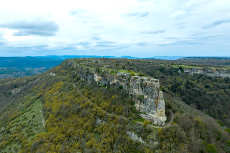 Panoramic aerial view of cave city Mangup-Kale, near the city of Bakhchisarai, Crimeaのeditorial素材