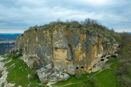 Cave city Tepe-Kermen, near the city of Bakhchisaray, Crimea. Aerial drone shot