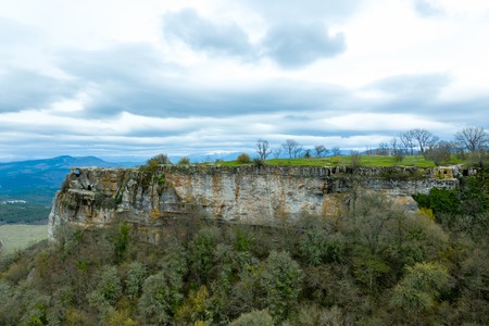 Cave city Mangup-Kale, near the city of Bakhchisaray, Crimea. Aerial drone shot