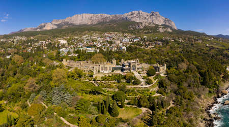 Famous Vorontsov Palace or the Alupka Palace, Crimea. Panoramic aerial view