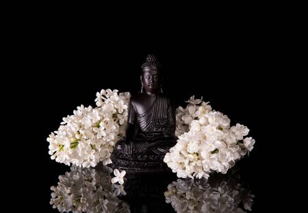 Black Buddha framed by white lilac flowers on a black background with reflectionの写真素材