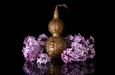 Bronze Chinese health symbol pumpkin Wu Lou on a black background with reflectionの写真素材