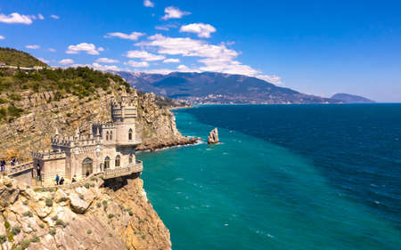Castle Swallow's Nest, Crimea. Castle is located in the urban area of Gaspra, Yalta. Aerial drone shotのeditorial素材