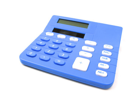 Blue basic calculator on a white backgroundの写真素材