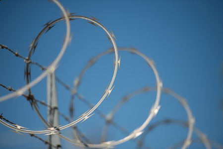 concertinas razor and barbed wire fence against a blue sky