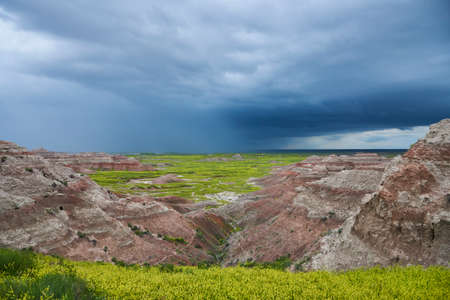 View over pinnacles in Badlands National Park South Dakotaの写真素材