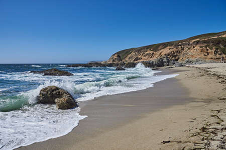 Rocky Coast with sandy beach near Bodega California on a sunny dayの写真素材