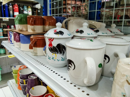 white ceramic mug with a rooster, very vintageの写真素材