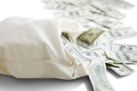 Canvas mony sack with one hundred dollar bills の写真素材