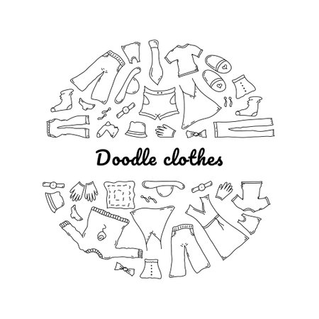 Doodle set of Clothes. Fashion hand drawn objects, symbols and items. Round composition with inscriptionのイラスト素材
