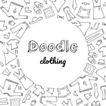 Doodle set of clothes. Fashion hand drawn objects, symbols and items. Round composition with inscriptionのイラスト素材