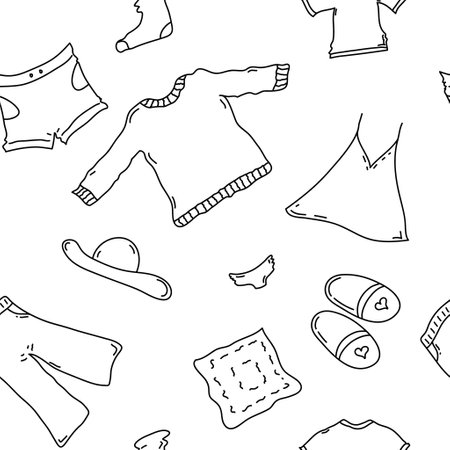 Doodle seamless pattern with fashion objects. Clothes and accessories seamless background in trendy hand-drawn style.のイラスト素材