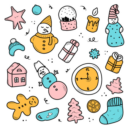 Set of cute christmas and new year elements in doodle style isolated on white background. fun color sticker designのイラスト素材