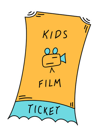 Cute color doodle cinema ticket for kids film. Bright ticket to the kids movie in cartoon style. Admit one ticket for entertainment. hand drawn vector illustrationのイラスト素材