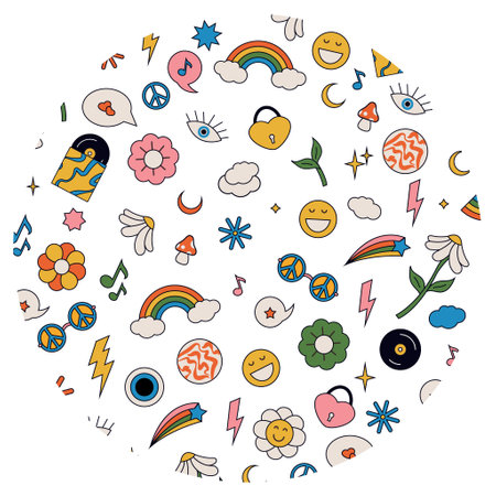 Groovy retro 1970 hippie poster in circle with set of hippie elements: rainbow, clouds, daisies, stars, records, glasses, hearts etc. Vintage hippie color banner.のイラスト素材