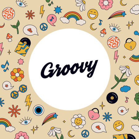 Groovy retro 1970 hippie poster in pastel circle with set of hippie elements: rainbow, clouds, daisies, stars, records, glasses, hearts etc. Lettering. Vintage hippie color banner.のイラスト素材
