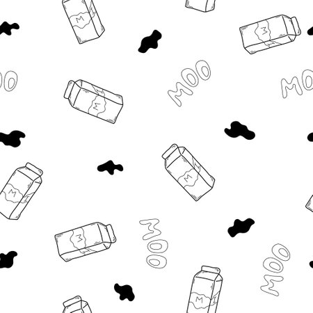 Milk doodle seamless pattern with milk packaging and cow spots. Hand drawn vector illustration for your design products. Cartoon pattern for kids clothes, for kitchen.のイラスト素材
