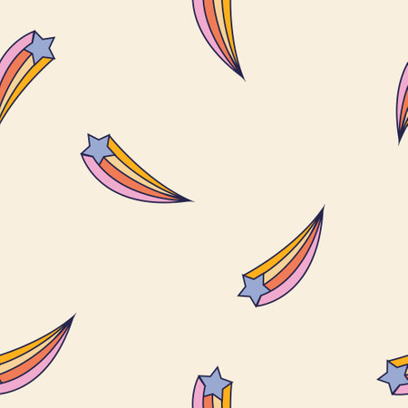 Seamless retro groovy pattern. Groovy power. Cartoon naive vector design with stars with tails and comets. Style of the 60s, 70s, 80s. Print for fabric, wrapping paper, stationery power backgroundのイラスト素材