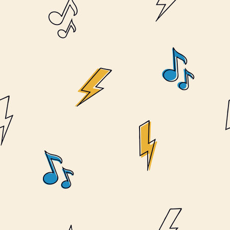 Seamless retro groovy pattern. Groovy power. Cartoon naive vector design with music notes and lightning. Style of the 60s, 70s, 80s. Print for fabric, wrapping paper, stationery power backgroundのイラスト素材