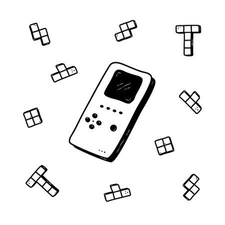 Retro game console hand drawn. Retro vibe doodle. Kids portable console. Computer retro, arcade play concept. Vector illustration.のイラスト素材