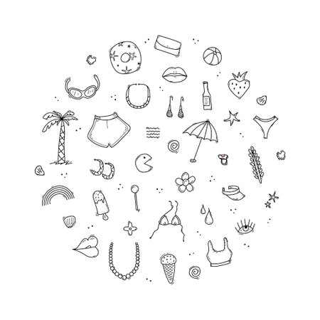 Doodle set of travel summer vacation elements, bikini, shorts, lips, palm, lollipop, umbrella, ball, glasses, ice-cream, shells, sea star. hand drawn sketch style. Travel color elements combined into a circle shape. Illustration for banner, background, icon, logo designのイラスト素材