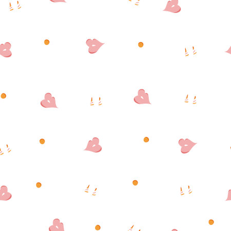 Doodle seamless pattern with lips in pastel colors. Fashion illustration with lips and abstract circles, triangles. Pattern for cloth, textile, web, banners, fabric, tissue, backgroundのイラスト素材