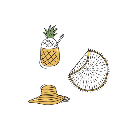 Doodle summer set of beach accessories: cocktail, hat, towel. Tourism adventure icons. Hand drawn vector illustration isolated on white background.のイラスト素材