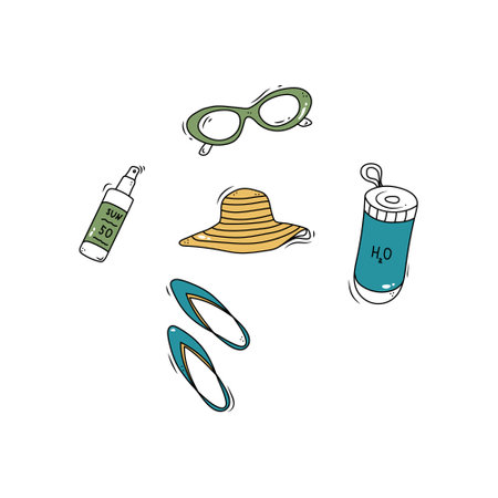 Doodle summer set of beach accessories: sunglasses, hat, spf cream, water, slates. Hand drawn sketch...