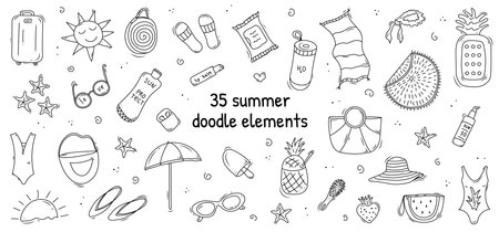 Hand drawn stickers for daily planner. tropical vacation. Summertime travel color doodle icons pack. sketch styleのイラスト素材