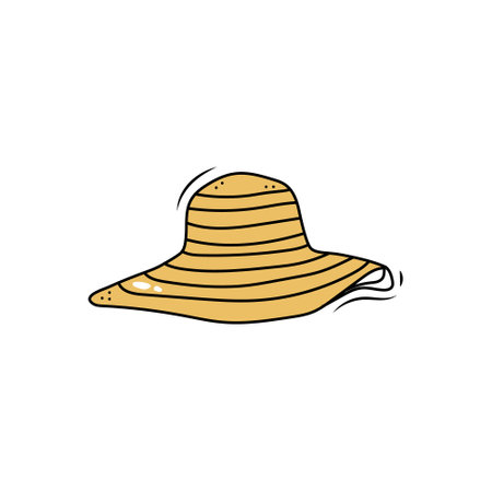 Women's Summer Straw Wicker Wide-Brim Hat Beach Attribute, Isolated On White Background. Doodle Vector Cartoon Illustration, Clipart.のイラスト素材