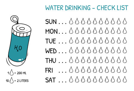 Water drinking checklist. Doodle style water trackerのイラスト素材
