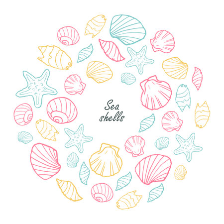 Watercolor round frame of sea shells, doodle hand drawn color vector illustration isolated on white backgroundのイラスト素材