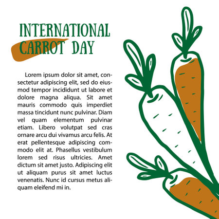 International carrot day. Doodle green vegan post with place for text. Hand drawn vector illustration. postのイラスト素材