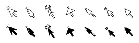 Doodle click icon set. Hand drawn mouse cursor button. Digital arrow pointer for website, computer...