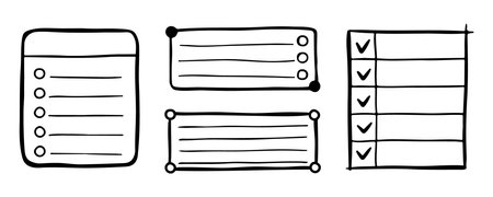 Bullet journal elements in doodle style. Hand drawn memo paper sheets, sticky note, reminder, to do list, sticky tape and pins.のイラスト素材