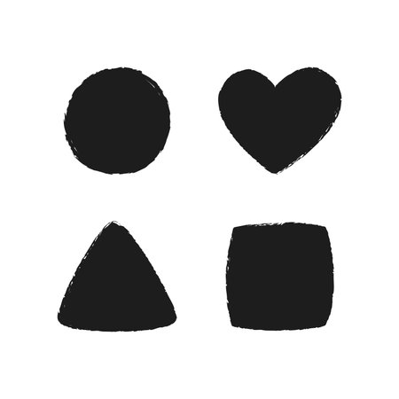Crayon geometric shapes. Chalk square, circle, heart, triangle. Handwriting vector figures. Kids pencil illustration for poster, textureのイラスト素材