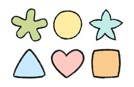Crayon color kids geometric shapes. Chalk square, triangle, star, circle, heart. Handwriting vector figures. Best for children theme, poster, textureのイラスト素材