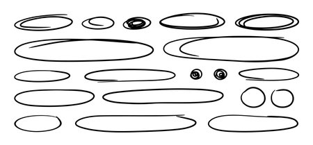 Doodle ellipses set. Scribble ovals by pen or pencil, bubbles to circle and highlight text. Sketch highlights. Handwriting horizontal ellipses isolated on white background.のイラスト素材
