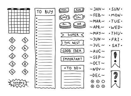 Doodle black bullet journal. Hand drawn elements, numbers, month names and days of the week, stickers, planner labels. Sketch scribble style. Vector illustration for diary, planner, notebookのイラスト素材