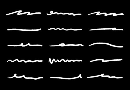 Hand drawn scribble lines. Swift crossed and wavy underlines by chalk, crayon, pen, pencil, marker. White charcoal vector strokes isolated on black background.のイラスト素材