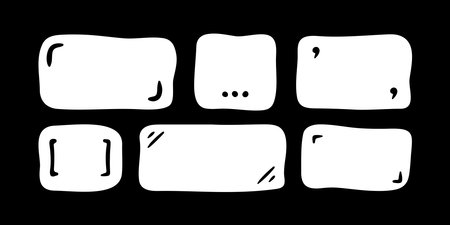 Doodle text box. Hand drawn bubble shapes and frames for social media. Text shape, organic child free form. Abstract square speech blobs for dialog on black background. Simple set for bullet journal with punctuation marks for quoteのイラスト素材