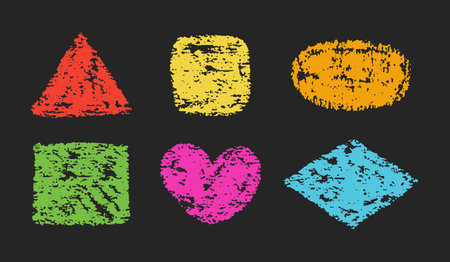 Crayon kid figure by color pencil. Doodle sketch shapes, circle, square, oval, triangle, geometric forms and elements on black backgroundのイラスト素材