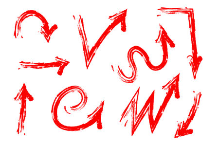Hand drawn Red Grunge Arrows Set. Brush Stroke Directional Elements Collection. Perfect for infographics, user interface elements, presentations, highlight design, or creative layouts. Isolated on white background for easy integration.のイラスト素材