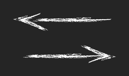 Chalk hand drawn arrows set with dry brush stroke effect. Vector crayon illustration of left and right arrows with distressed, textured look. Perfect for highlight elements, navigation design, infographics, banners, promo layouts, or artistic web interfaces. Isolated on blackboardのイラスト素材